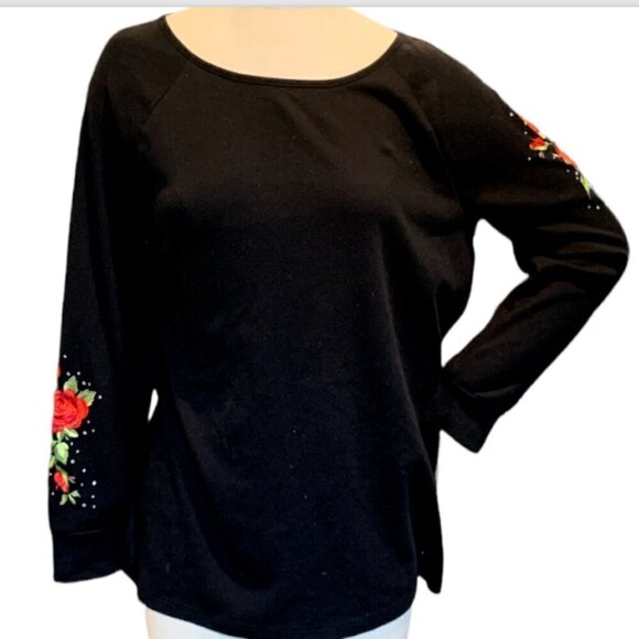 Quacker Factory Top Embroidered Roses  Rhinestones Sz L Black #20A - Picture 2 of 9